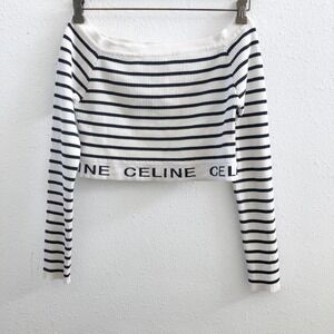 CELINE Striped Ribbed Off The Shoulder Crop Top No Size Tag Check Measurements